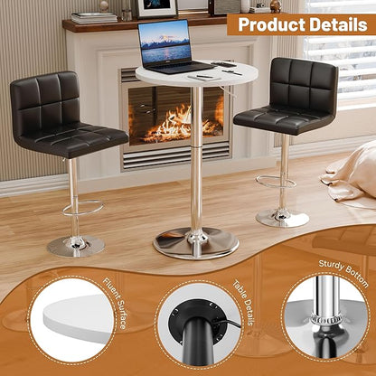 Flamaker Round Bistro Pub Table 23.6 Inch Height Adjustable 360° Swivel Bar Table Metal Base for Pub, Dining Room, Party (4, White-Silver)