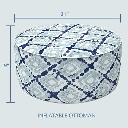 LVTXIII Inflatable Stool Ottoman Footrest with Handle, Decorative Fade-Resistant Foot Stool, Indoor or Outdoor Pouf for Home Garden and Camping Use, 21x21x9, Boho Geometry Blue