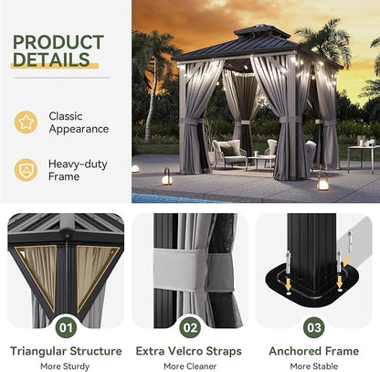 Aoxun 8'x8' Hardtop Gazebo, Aluminum Frame Canopy with Double Galvanized Steel Roof, Outdoor Metal Pavilion with Netting, Curtains for Backyard, Patio and Deck