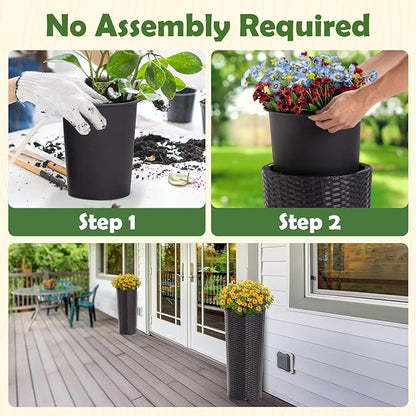 Idzo All Weather Wicker Planters for Outdoor Plants Set of 2, 24 inch Tall Black Planter for Front Porch, Patio, Balcony, Indoor Usage - Round Rattan Flower Pots