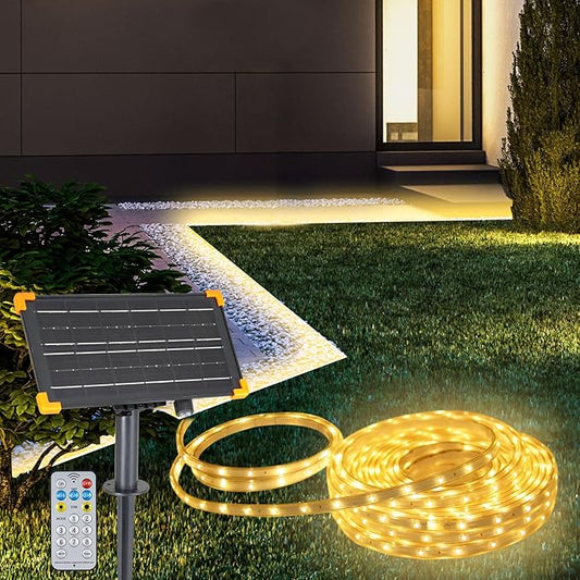 DBFAIRY 50Ft Solar LED Strip Lights Outdoor, Large Capacity Solar Powered Light Strip Auto On/Off with Remote Timer 8 Lighting Modes for Pathway Patio Pool Camping Decor, 2700K Warm White