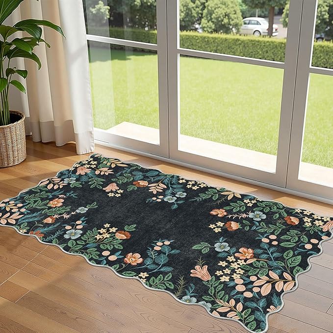 Outdoor Door Mat Boho Floral Non-Slip Black 2 x 4.3 Ft