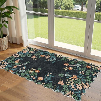 Outdoor Door Mat Boho Floral Non-Slip Black 2 x 4.3 Ft