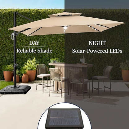 Best Choice Products 12x12ft LED Cantilever Patio Umbrella w/Base Included & 360° Rotation, Large Solar Offset Hanging Outdoor Sun Shade for Deck, Backyard Table w/Stand & Lights – Sand
