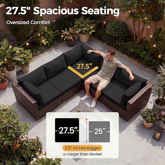 NICESOUL 6 Piece L Shaped Outdoor Sofa with Fire Pit Natural Gas/Propane, 29.3'' High-Back Comfy Wicker Patio Furniture Set Fireplace, Modern Deep Seat Conversations, Brown Rattan and Black Cushion