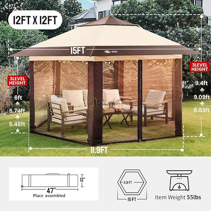 CROWN SHADES 12x12 Pop Up Gazebo with Mosquito Nettings, Patented Center Lock 6-Sided Portable Gazebo, 300D Silver-Coated Fabric UV Resistant, Pop Up Canopy Tent for Patio, Party, Beige&Coffee