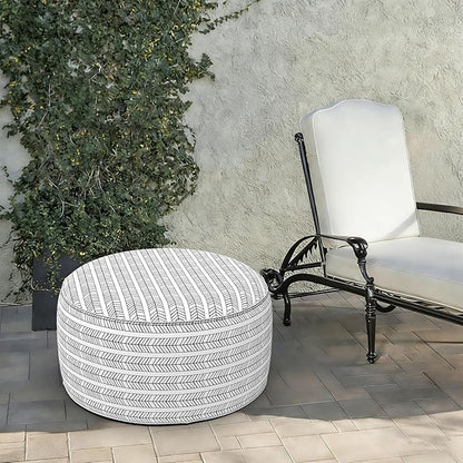 LVTXIII Indoor/Outdoor Extra Large Inflatable Ottoman Pouf D31 x H14 Inch, Round Footstool with Handle, Weather-Resistant Portable Furniture for Patio, Camping, Beach, Herringbone Black White