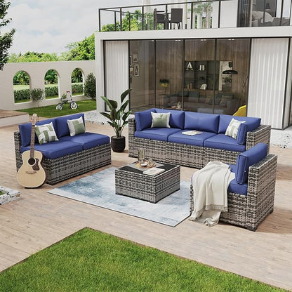 Aoxun 7 Piece Patio Furniture Set Wicker Rattan Patio Conversation Set Outdoor Sectional Sofa Set with Coffee Table and Thickened Cushions, Gray/Blue(Waterproof Cover Included)