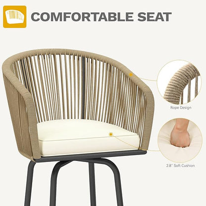 DWVO Outdoor Counter Height Bar Stools Set of 4, Patio Swivel Bar Chairs with Soft Cushions, 360° Rotation, Bar Height Rattan Chairs for Backyard, Poolside, Garden, Beige