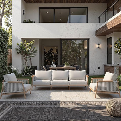 Acanva Modern All-Weather Aluminum Outdoor Patio Sofa with Thick Cushions, Olefin Fabric Sunroom Backyard Furniture, Light Khaki, Armchair