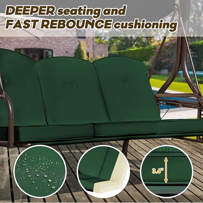 3 in 1 Patio Swing with Adjustable Canopy for Adults, 3 Seat Outdoor Swing with Thickened Cushions,Pillows & Cup Holders for Backyard, Porch, Garden (Green)