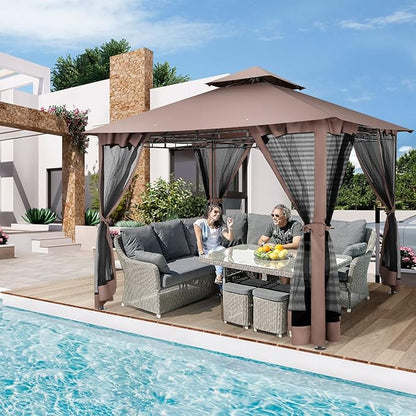 COBIZI Gazebo 10x10 Heavy Duty Gazebos with Improved Nettings Outdoor Gazebo Double Roof Patio Gazebos with Metal Steel Frame Outdoor Canopy for Patio, Deck, Backyard-Brown