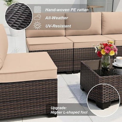 ALAULM Patio Furniture Set with Coffee Table, 14 Pieces Outdoor Sectional with Wide Seat and Thick Cushion, All Weather Wicker Rattan Conversation Set for Backyard, Garden, Deck, Sand