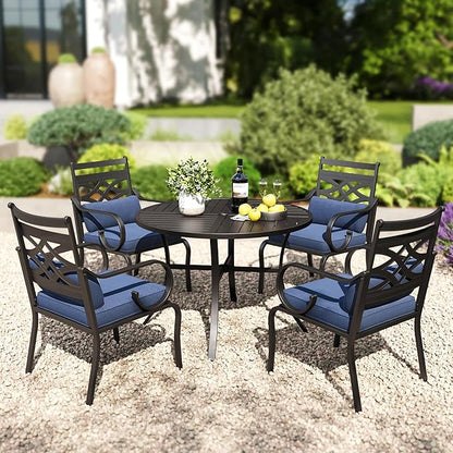 PHI VILLA 5 Pieces Outdoor Dining Set for 4, 42" Round Black Metal Table with Umbrella Hole & Wrought Iron Chairs, Large Outside Furniture with Blue Cushions & Pillows for Patio, Deck, Porch