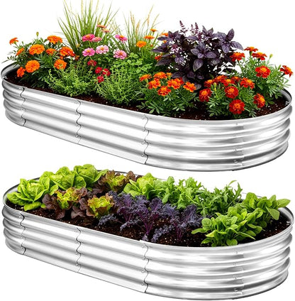TATAANTY Galvanized Raised Garden Bed Kit, Rust-Resistant Planter Garden Boxes Outdoor, Oval Large Metal Raised Garden Beds for Vegetables Easy to Set Up - 4x2x1ft (2 Pack)