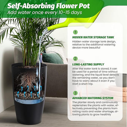 GarveeLife Set of 2 Tall Planters for Outdoor Plants, 22 in Large Planters for Outdoor Indoor Plants with Water Level Monitor ＆ Inner Bucket, Automatic Watering, for Porch, Patio, Backyard, Black