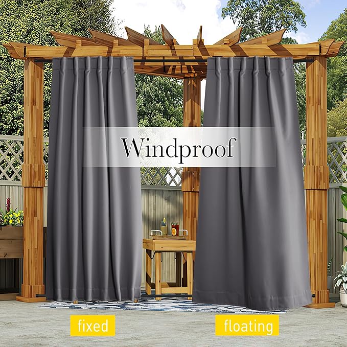 NICETOWN 2 Panels Outdoor Curtains for Patio Waterproof & Windproof, Rod Pocket & Back Tab on Top & Bottom for Privacy and Wind Resistant for Pergola, Free Rope Included, Grey, W52 x L84 per Panel
