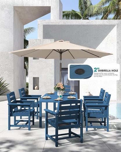 SERWALL 9-Piece Outdoor Dining Set, 60" - 83" Expandable Outdoor Dining Table and 8 HDPE Chairs, All Weather HDPE Outdoor Furniture Set for Backyard, Garden, Blue