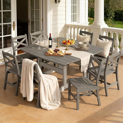 9-Piece Patio Dining Table Set, HDPE Outdoor Table and Chairs Set, All-Weather Outdoor Dining Set for 8 with Umbrella Hole, Durable Patio Furniture Set with Chairs,White Grey
