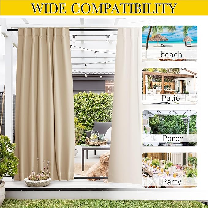 NICETOWN 2 Panels Outdoor Curtains for Patio Waterproof & Windproof, Thermal Insulated Top & Bottom Pocket & Back Tab Light Block Outdoor Drapes with Bonus Rope for Fixed, Biscotti Beige, W52 x L95