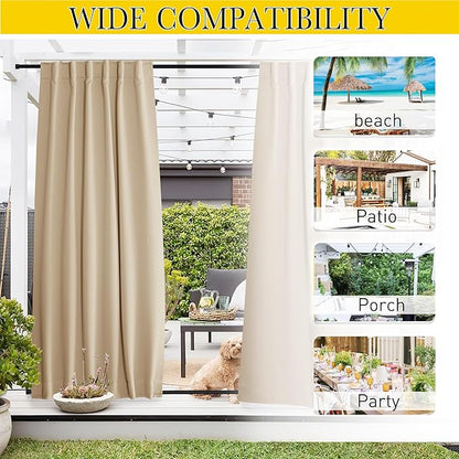 NICETOWN 2 Panels Outdoor Curtains for Patio Waterproof & Windproof, Thermal Insulated Top & Bottom Pocket & Back Tab Light Block Outdoor Drapes with Bonus Rope for Fixed, Biscotti Beige, W52 x L95