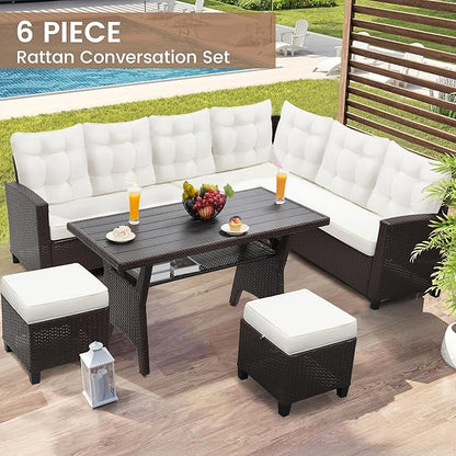 KROFEM6-Piece Patio Furniture Set, Outdoor Sectional Sofa with Dining Table & Chairs, All-Weather Dining Set with Removable Cushion Covers, Ideal for Garden, Porch, Backyard, White