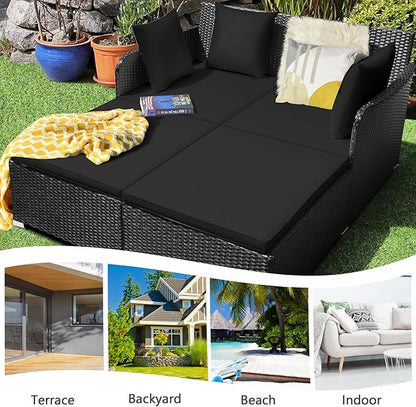 HAPPYGRILL Patio Rattan Daybed Outdoor Loveseat Sofa Set with Padded Cushion Pillows and Sturdy Aluminum Foot Wicker Patio Furniture for Garden Porch Poolside