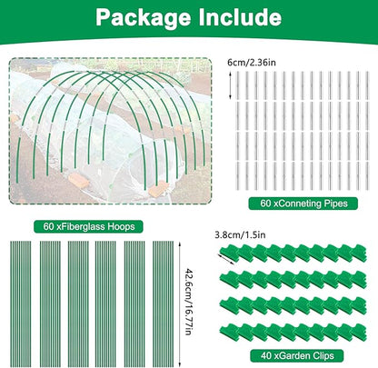 Greenhouse Hoops Grow Tunnel, 10 Sets of 8FT Long Garden Hoops for Raised Beds, Rust-Free Fiberglass Support Hoops Frame for Garden Netting, DIY Plant Support Garden Stakes for Row Cover, 60 Pcs