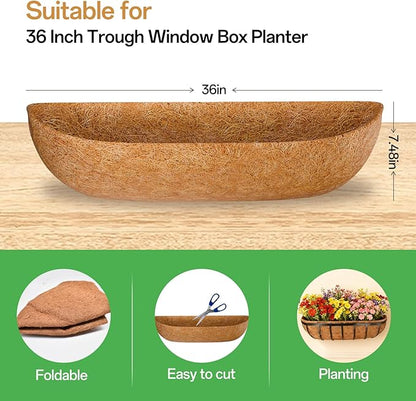ZeeDix 36 Inch Trough Coconut Liners for Planters (4-Pack) - 100% Natural Coconut Coir Fiber Planter Liners Replacement for Window Boxes, Wall Baskets, Deck Flower Boxes, Garden Railing Fence Troughs