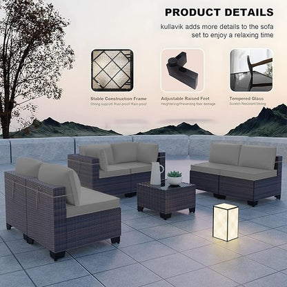 Kullavik 7 Pieces Outdoor Patio Furniture Set PE Wicker Rattan Sectional Sofa Patio Conversation Sets,Grey