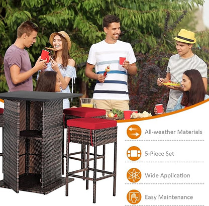 Tangkula 5 Piece Outdoor Rattan Bar Set, Patio Bar Furniture with 4 Cushions Stools and Smooth Top Table with Hidden Storage Shelf, Outdoor Conversation Set for Poolside, Backyard, Lawn (Red)