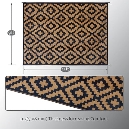 SAND MINE Reversible Mats, Plastic Straw Rug, Modern Area Rug, Large Floor Mat and Rug for Outdoors, RV, Patio, Backyard, Deck, Picnic, Beach, Trailer, Camping, Black & Brown, 9' x 12'