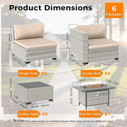 12-Seat Modern Outdoor Wicker Rattan Patio Furniture Set with 55,000 BTU Fire Pit Table, Thick 4″ Cushions, All-Weather Dual-Strand Rattan, Rust-Resistant Steel Frame,Beige