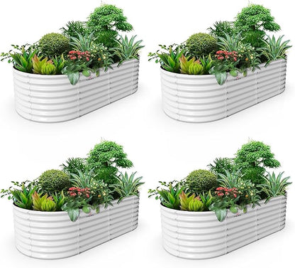 A ANLEOLIFE 4-Set 8X4X2 ft Galvanized Raised Garden Bed Kit, Oval Metal Deep Root Planters for Outdoor Plants, Antique White