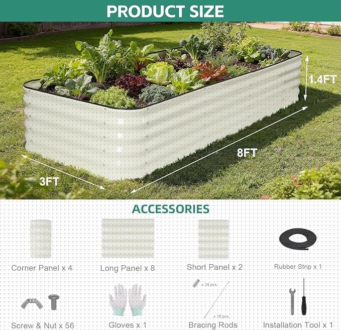 5 in 1Galvanized Raised Garden Bed - 8x3x1.4ft Modular Garden Planter Bed Outdoor | Steel Raised Bed Kit with Bracing Rods, Gloves for Gardening Vegetables Fruits and Flowers - White