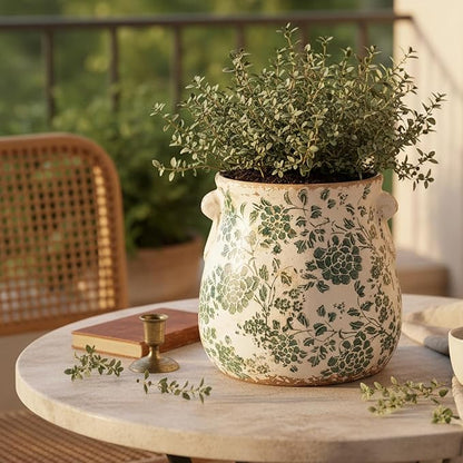 Tuscan Ceramic Planters and Kitchen Utensil Holder, 6.68 Inch Vintage Plant Pots with Drainage for Indoor/Outdoor, Country Cottage Vase for Home Garden Decor, Gifts for Plant Lovers, Cyan