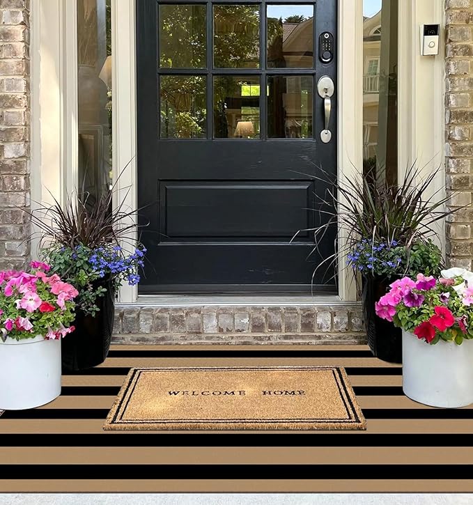 Outdoor Rug, Brown and Tan Striped Door Mat, 3 x 5 Ft, Machine Washable