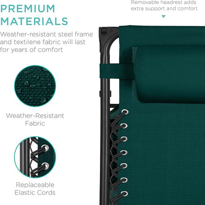 Best Choice Products 30” Wide Folding Zero Gravity Outdoor Recliner Patio Lounge Chair w/Adjustable Canopy Shade, Headrest, Side Accessory Tray - Forest Green