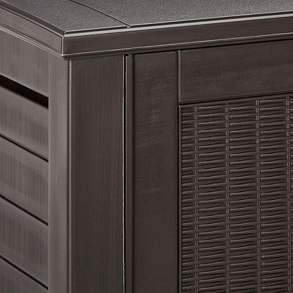 Rubbermaid Decorative Outdoor Storage Cabinet (123 Gal) Weather Resistant Dark Brown Organization for Home/Backyard/Pool Chemicals/Toys/Garden Tools/Porch/Patio Cushions