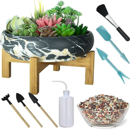 Succulent Pots, 10 Inch Large Succulent Planter Pots with Drainage - Ceramic Marble Bonsai Pot with Stand Shallow Planter for Cactus Flower Plants Plus Succulent Planting Tools Set & 2.2lb Mix Pebbles