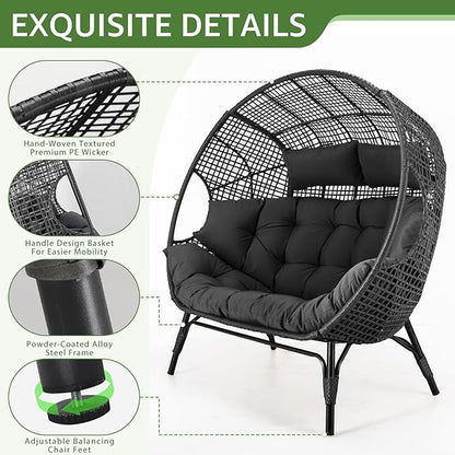 NICESOUL Luxury Double Egg Chair with Footrest & Cushions, Two Person Wicker Eggshell Chair Large with Ottoman, 2 Person Loveseat Comfort Deep Seating for Interiors Exteriors Balcony Dark Gray