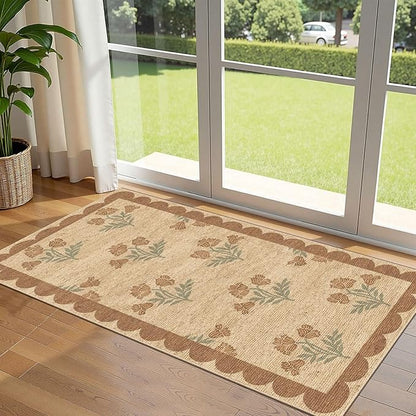 Outdoor Rug with Floral Print, Scalloped Edge, 2 x 4.3 Ft