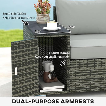 Outsunny 3 Seater Wicker Sofa with 2 Storage Side Tables and Thickened Cushions, Rattan Outdoor Patio Sofa with Wide Armrests, Wicker Outdoor Couch for Porch, Garden, Backyard, Gray