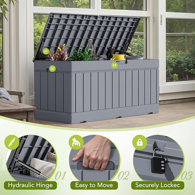 Deck Box, Grey Resin Storage Bench with Lockable Lid and Rattan Pattern