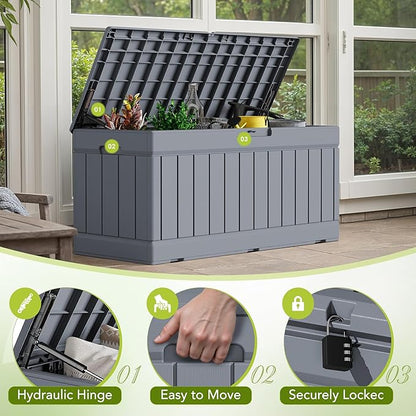 Deck Box, Grey Resin Storage Bench with Lockable Lid and Rattan Pattern