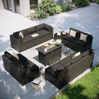 Aoxun Patio Furniture Set with Fire Pit Table, 12 Piece Outdoor Sectional Sofas, 10 Seats Wicker Rattan Outdoor Furniture with Thickened Cushion for Backyard, Garden Black