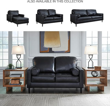 Signature Design by Ashley Bryceview Mid-Century Leather Match Tufted Loveseat with 2 Bolster Pillows, Black