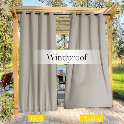 NICETOWN 2 Panels Outdoor Curtains for Patio Extra Wide 84", Waterproof & Windproof Grommet & Back Tab Fixed Top and Bottom Sun Blocking Privacy Drapes with Rope for Gazebo, Natural, W84 x L84