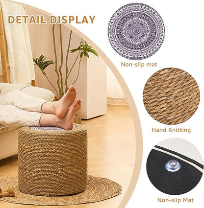 Wimarsbon Round Pouf Ottomans, Handwoven Natural Water Hyacinth Seagrass Pouffe,Outdoor Rattan Stool Accent Seat, Bohemian Coastal Home Decor (18inch Natural Cattail-Boho 2)