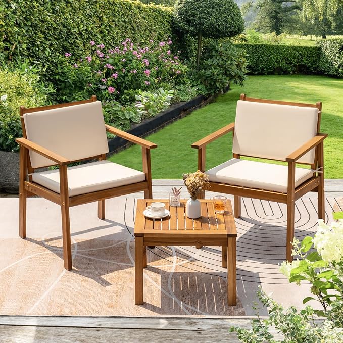 Conversation Set, 3-Piece Acacia Wood Patio Set with Cushions, White